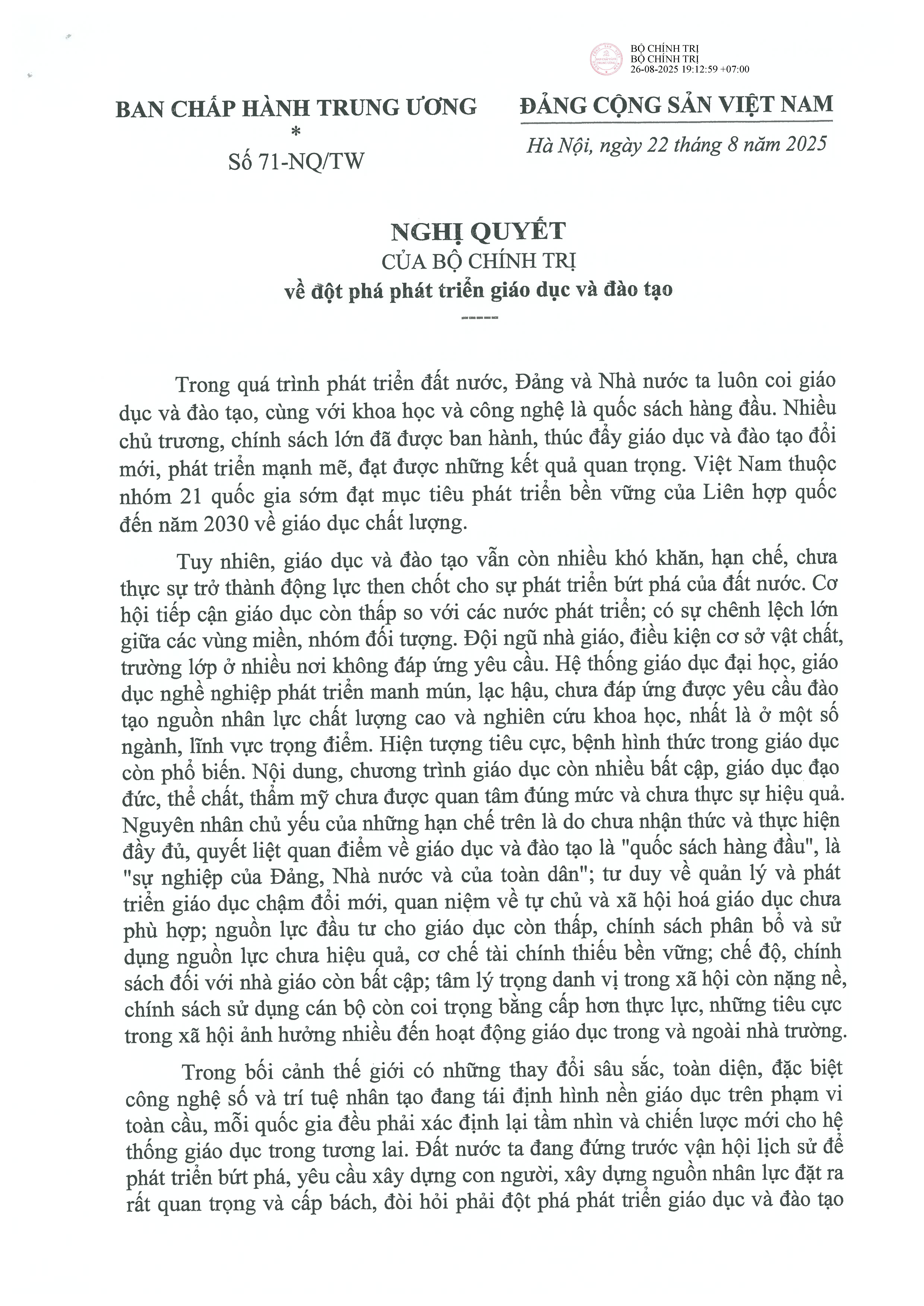 BỘ CHÍNH TRỊ BAN HÀNH NGHỊ QUYẾT SỐ 71-NQ/TW NGÀY 22 THÁNG 8 NĂM 2025 VỀ ĐỘT PHÁ PHÁT TRIỂN GIÁO DỤC VÀ ĐÀO TẠO